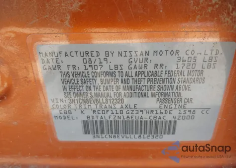 2020 Nissan Versa Sv Xtronic Cvt z USA, uszkodzony, nr VIN 3N1CN8EV6LL812320